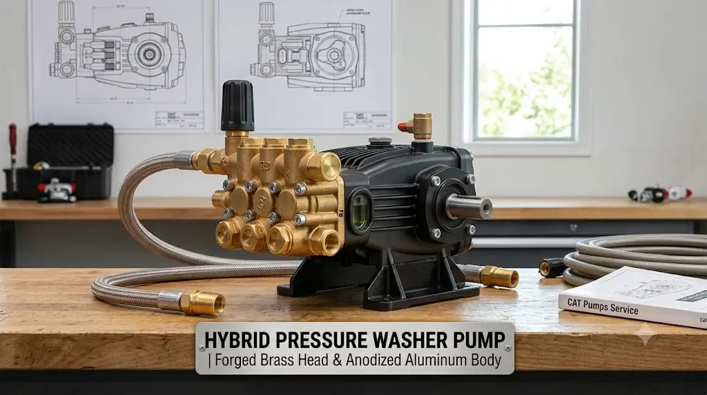 Hybrid pressure washer pump with a forged brass head and an anodized aluminum crankcase body