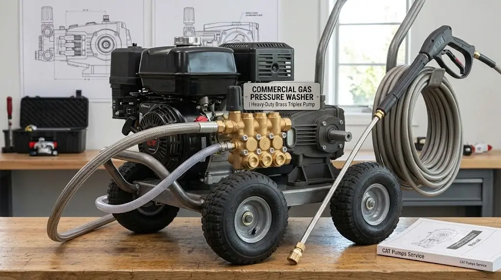 Commercial gas pressure washer equipped with a heavy-duty brass triplex plunger pump