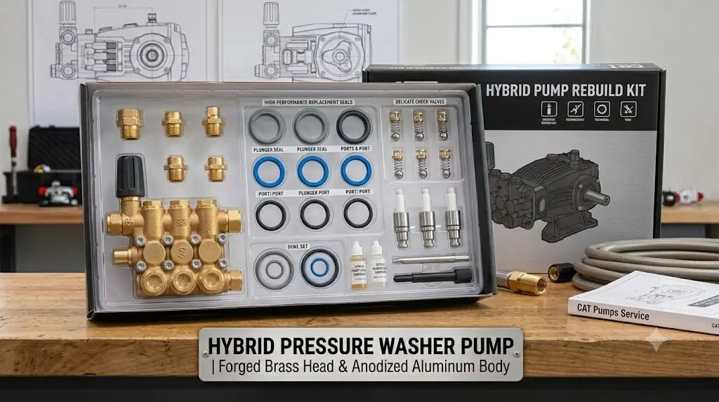 Pressure washer pump rebuild kit with replacement seals, check valves, and brass manifold components