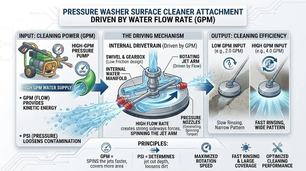 Pressure Washer Flow Rate Guide: GPM Explained, Sizing & Formulas 5 Pressure washer surface cleaner attachment driven by water flow rate
