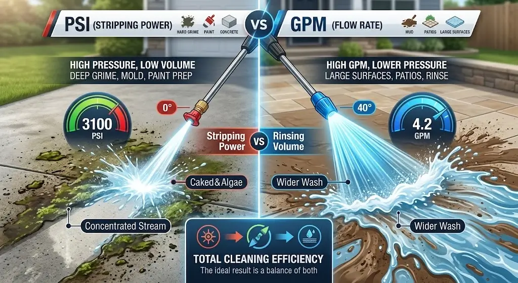 Pressure Washer Flow Rate Guide: GPM Explained, Sizing & Formulas 2 PSI vs GPM pressure washer cleaning comparison