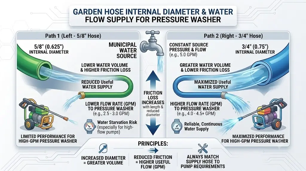 Pressure Washer Flow Rate Guide: GPM Explained, Sizing & Formulas 4 Garden hose internal diameter and water flow supply for pressure washer