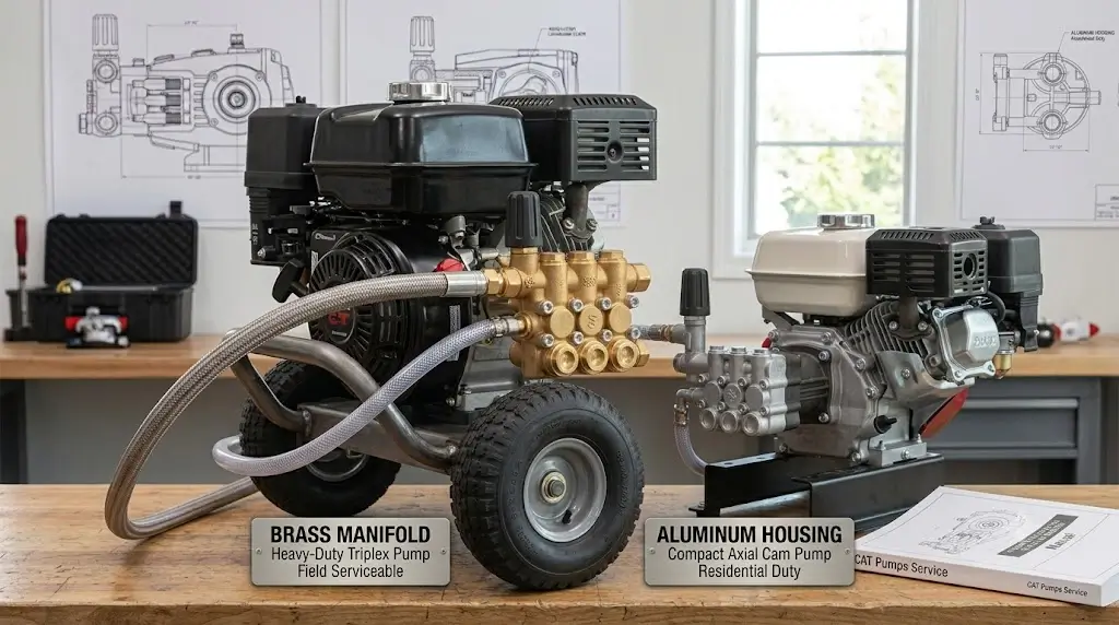 Comparison between a brass manifold triplex pump and an aluminum axial cam pressure washer pump