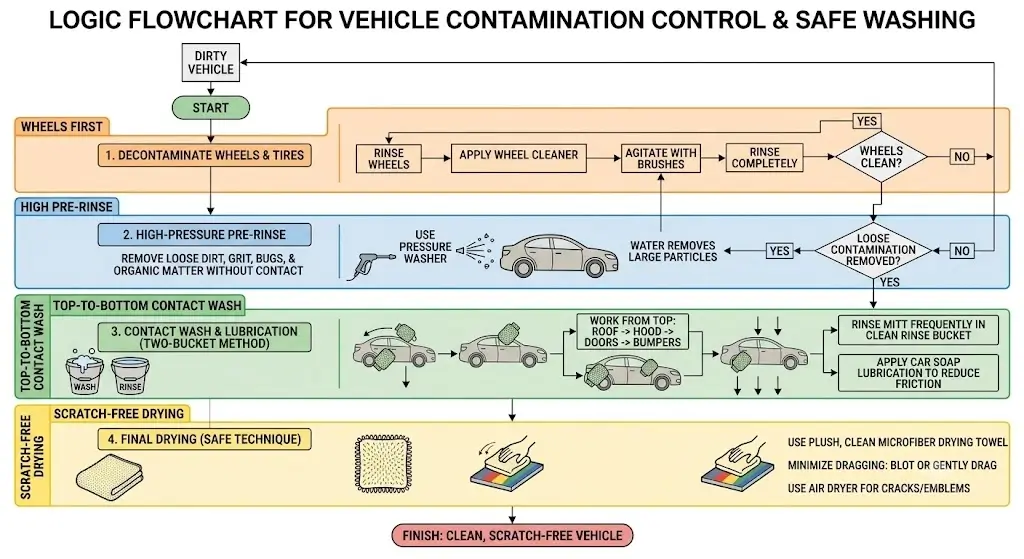 Logic flowchart illustrating contamination control: wheels first, high pre-rinse, top-to-bottom contact wash, and scratch-free drying