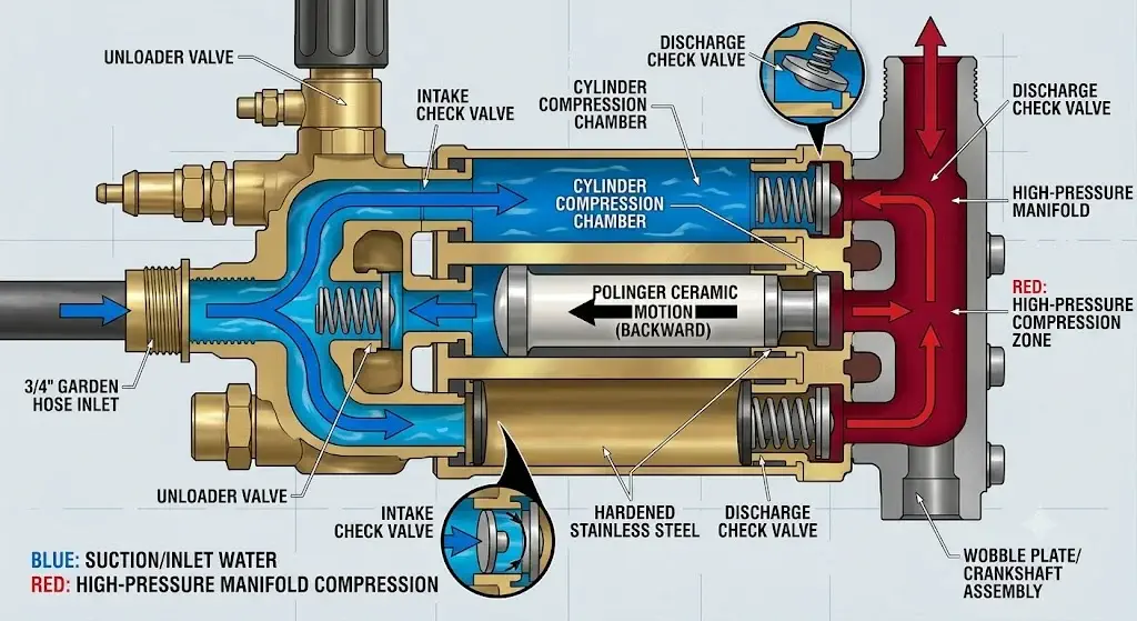 Pressure Washer Pump Troubleshooting: Low Pressure & Leaks 2 Pressure washer pump cross-section showing suction stroke, check valves, and high-pressure manifold compression chamber