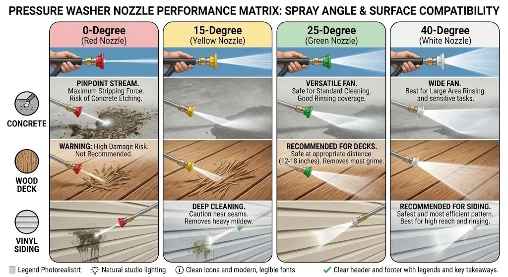 Comparison chart showing 0-degree, 15-degree, 25-degree, and 40-degree pressure washer nozzles aligned with concrete, wood deck, and vinyl siding surfaces
