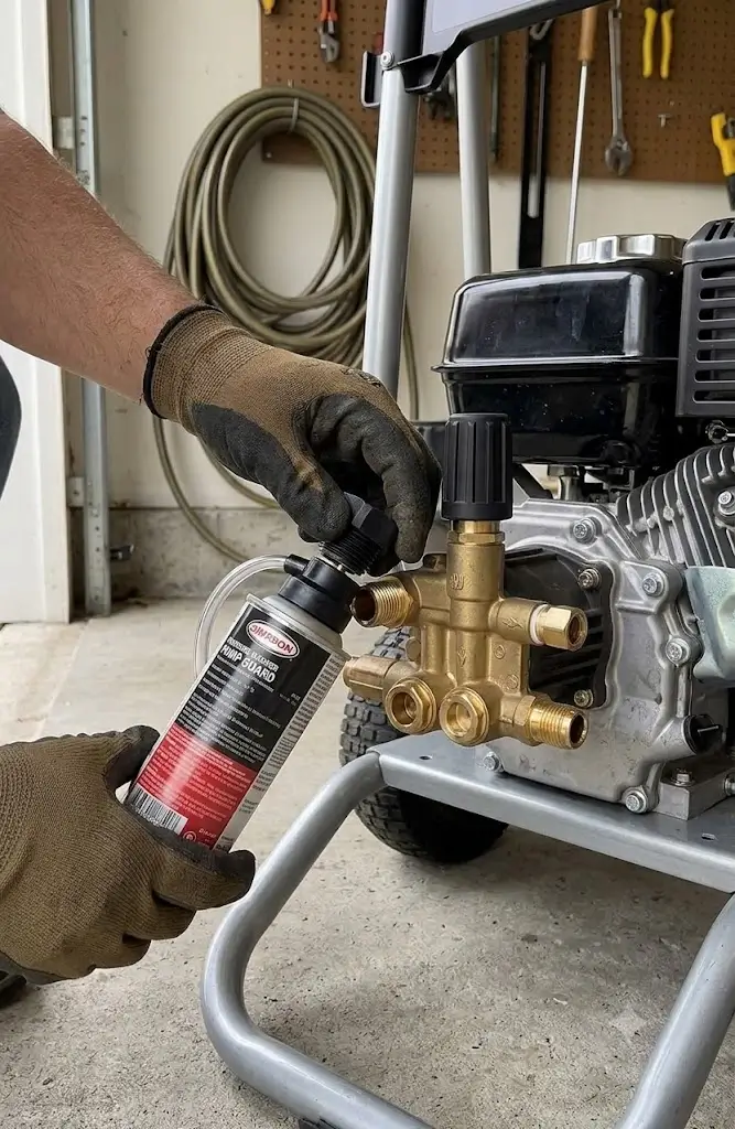 Connecting an aerosol pump saver canister to the garden hose inlet port of a pressure washer