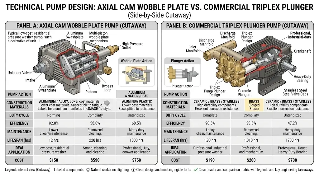 Technical side-by-side cutaway comparison of an axial cam pump with wobble plate versus a commercial triplex plunger pump