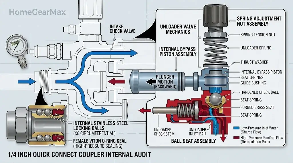 Pressure Washer Nozzle Maintenance: Cleaning & Wear Guide 4 Technical breakdown of a 1/4 inch quick connect coupler showing internal stainless steel locking balls and female Viton O-ring seal