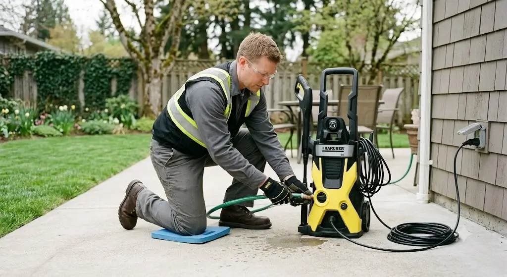 Homeowner wearing complete PPE including safety glasses, heavy gloves, and steel-toe boots setting up pressure washer outdoors