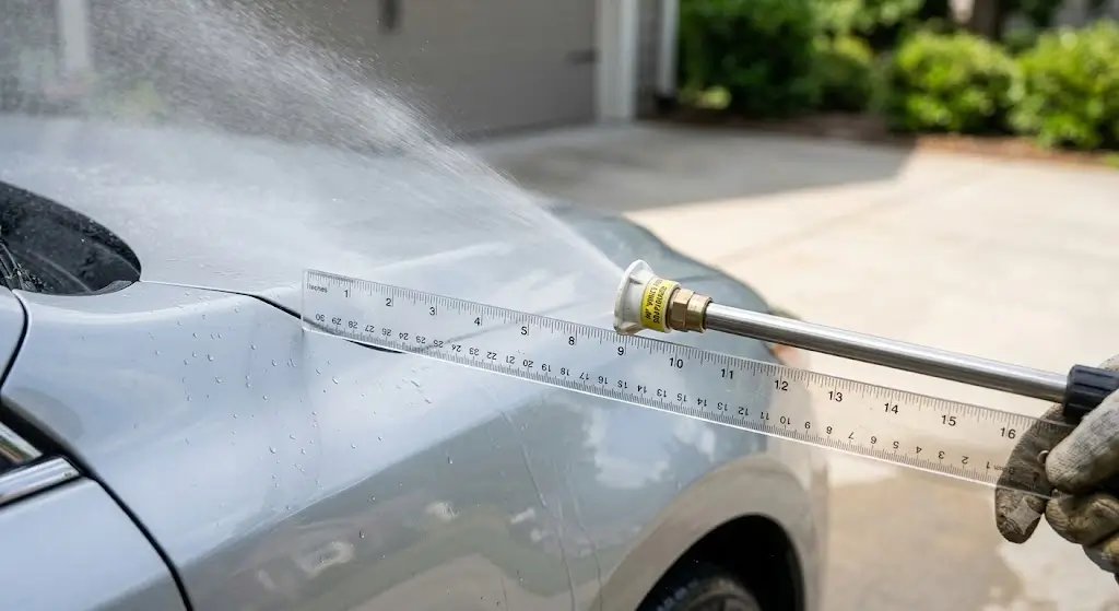 Demonstrating a 40-degree wide fan white nozzle on a pressure washer maintained at a safe 18-inch distance from automotive clear coat