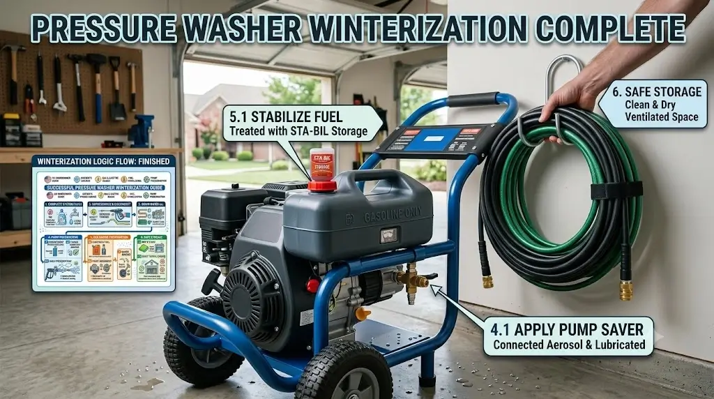 Clean and dry gas pressure washer prepared for storage in a ventilated garage with neatly coiled hoses