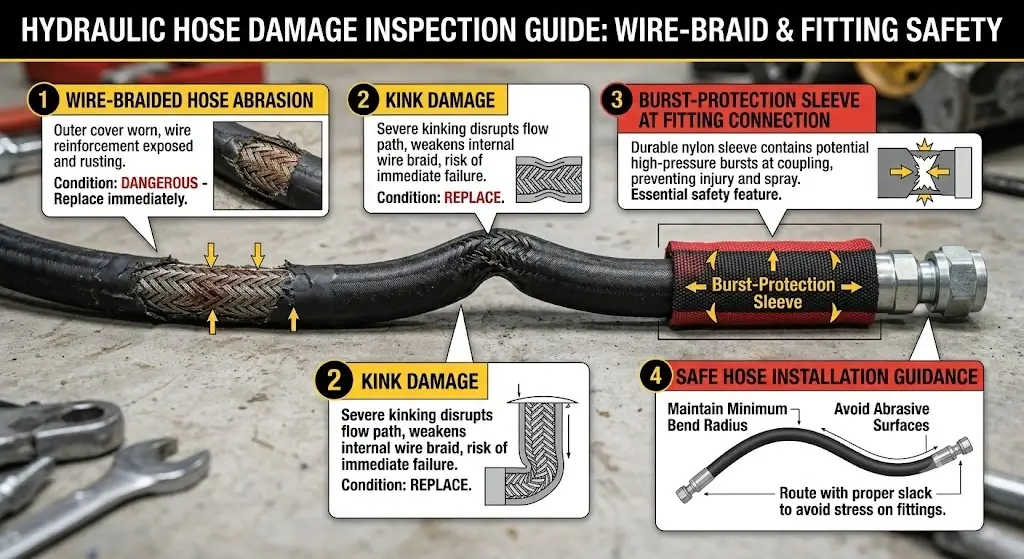 Inspection guide showing wire-braided hose abrasion, kink damage, and burst-protection sleeve at fitting connection