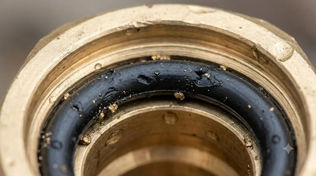 Macro view of a worn and nicked rubber O-ring inside a brass quick-connect pressure washer coupler