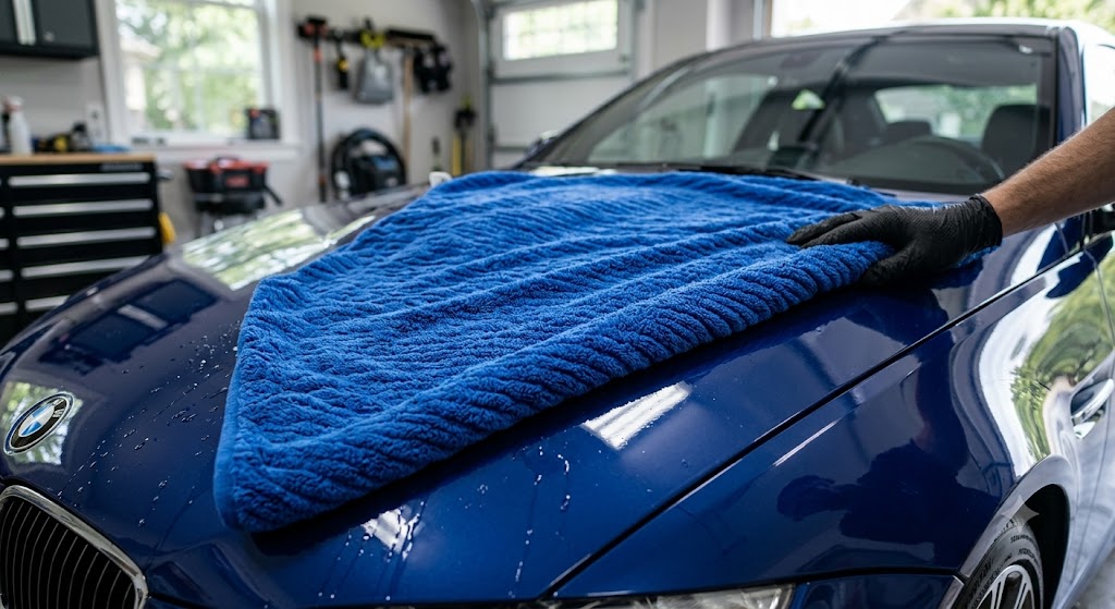 Twisted-loop microfiber towel being pulled across a clean vehicle hood using the flat drag method to avoid scratching paint