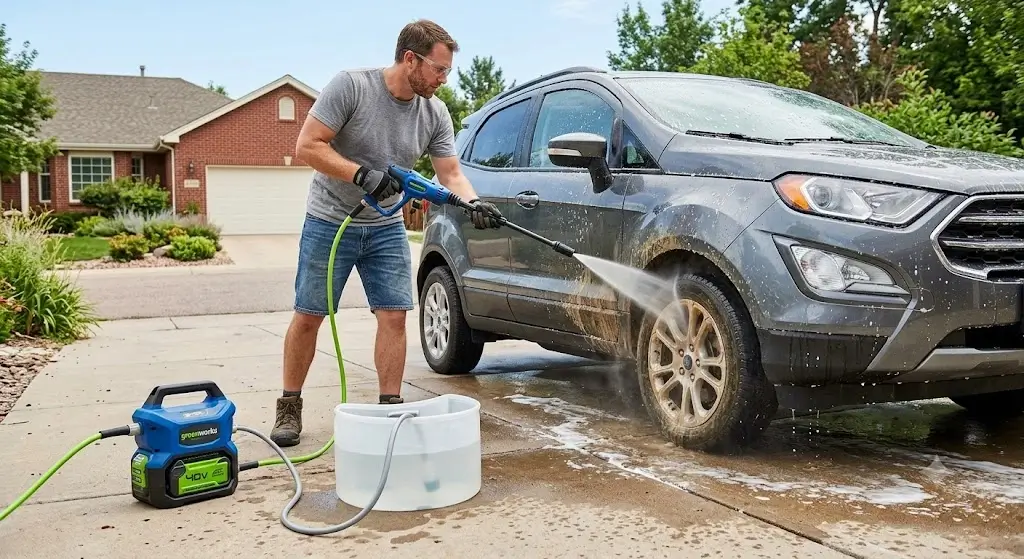 Homeowner using a cordless battery-powered pressure washer with a portable siphon line to clean a vehicle on a driveway