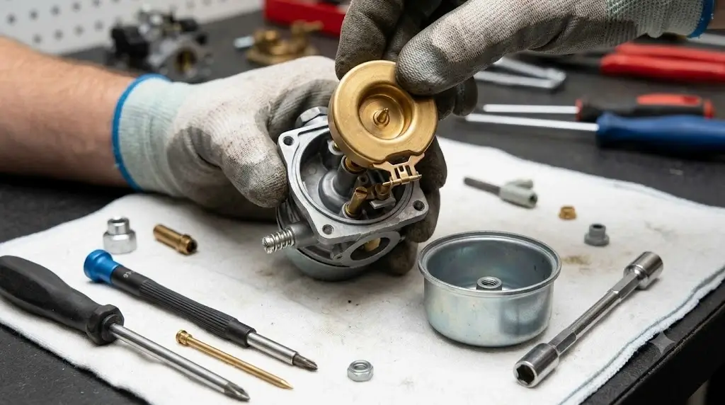 Step-by-step disassembly of a small gas pressure washer carburetor bowl and brass float