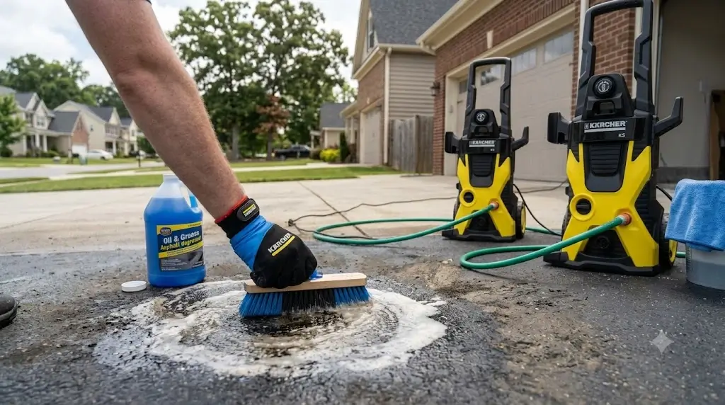 How to Clean an Asphalt Driveway: Safe PSI, Oil & Moss Removal 4 Applying microbial degreaser to an oil stain on asphalt and scrubbing with a stiff nylon bristle brush