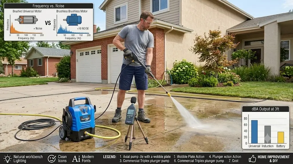 Are Pressure Washers Quiet? Noise Levels (dB) 2 Sound level meter measuring decibel output of an electric pressure washer running on a suburban concrete driveway