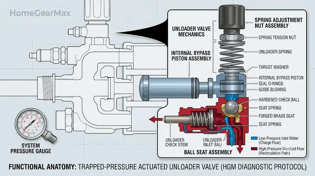 Pressure Washer Pump Troubleshooting: Low Pressure & Leaks 5 Technical breakdown of a pressure washer unloader valve showing the internal bypass piston, spring adjustment nut, and ball seat assembly