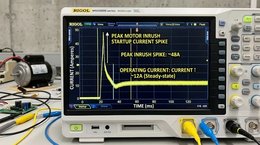 Pressure Washer Power Consumption: Watts, Amps & Costs | HomeGearMax 3 Oscilloscope chart displaying peak motor inrush startup current spike compared to sustained operating current in amperes