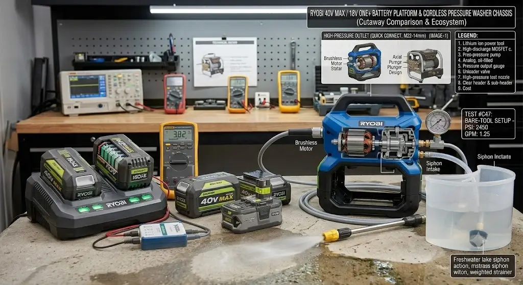 Multiple power tool lithium batteries and dual-bay fast charger positioned next to a bare-tool cordless pressure washer chassis