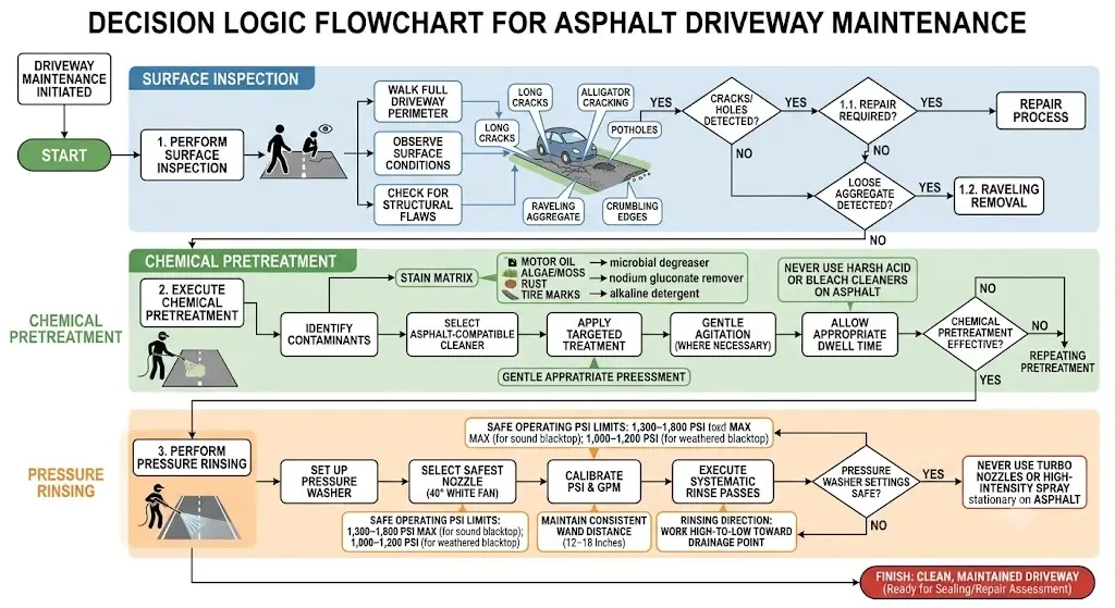 How to Clean an Asphalt Driveway: Safe PSI, Oil & Moss Removal 6 Decision logic flowchart for asphalt driveway maintenance: surface inspection, chemical pretreatment, and pressure rinsing