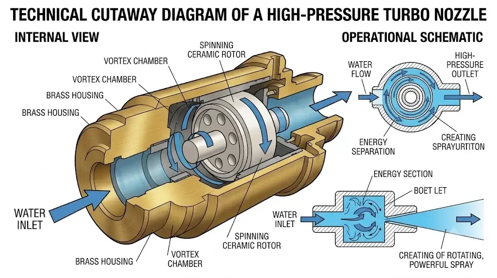 Technical cutaway diagram showing internal ceramic rotor, brass housing, and vortex chamber of a high-pressure turbo nozzle