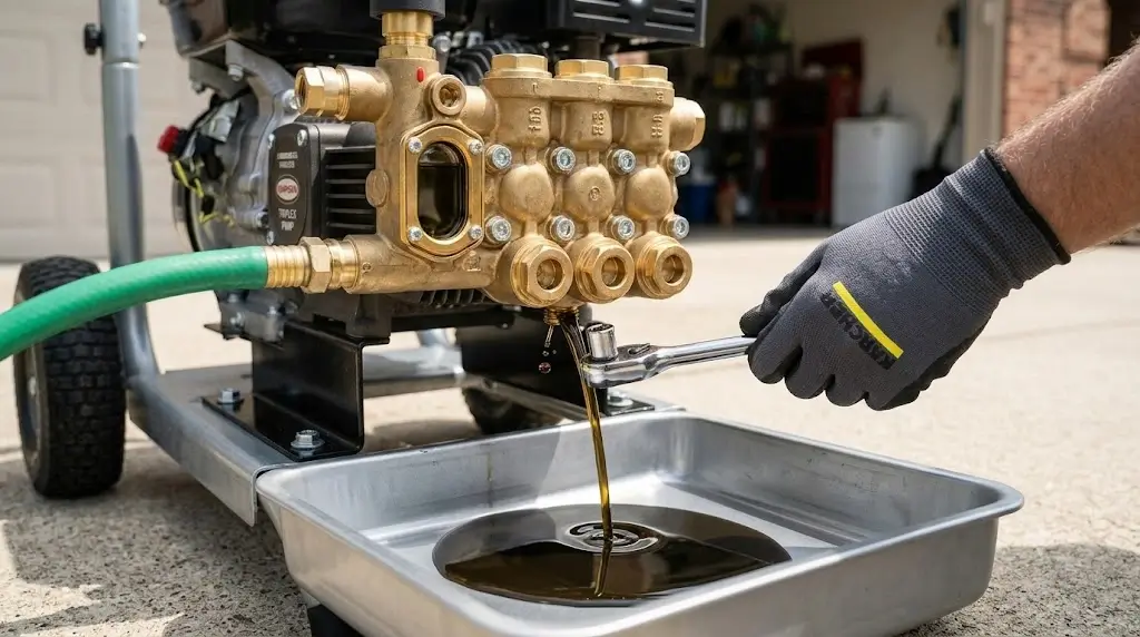 Mechanic draining used dark pump oil from bottom drain plug into a clean catch pan