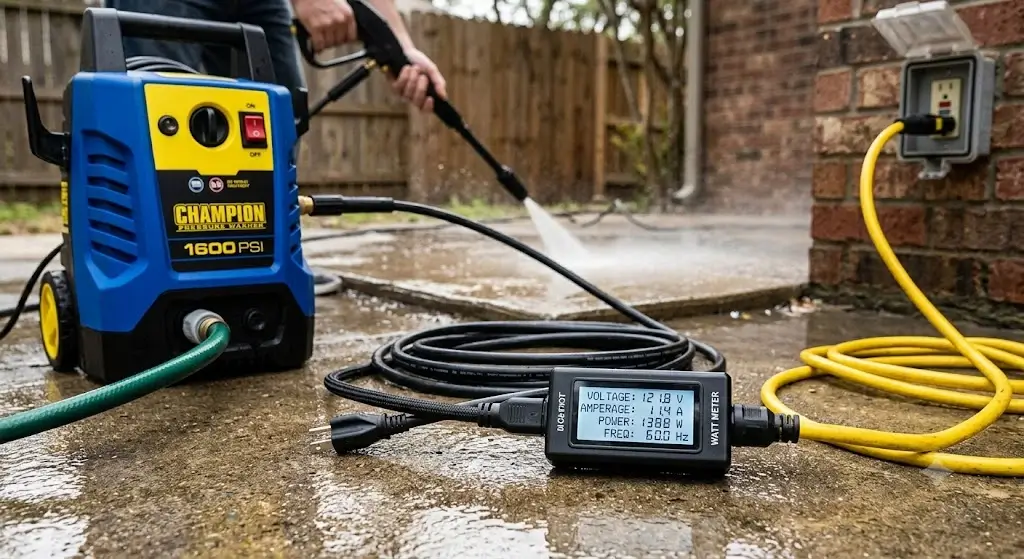 Pressure Washer Power Consumption: Watts, Amps & Costs | HomeGearMax 2 Electric pressure washer connected to an inline digital watt meter measuring real-time 120V voltage and running amperage