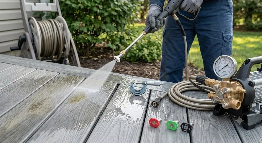 Operator cleaning grey capped composite decking with a 40 degree white tip and an electric pressure washer