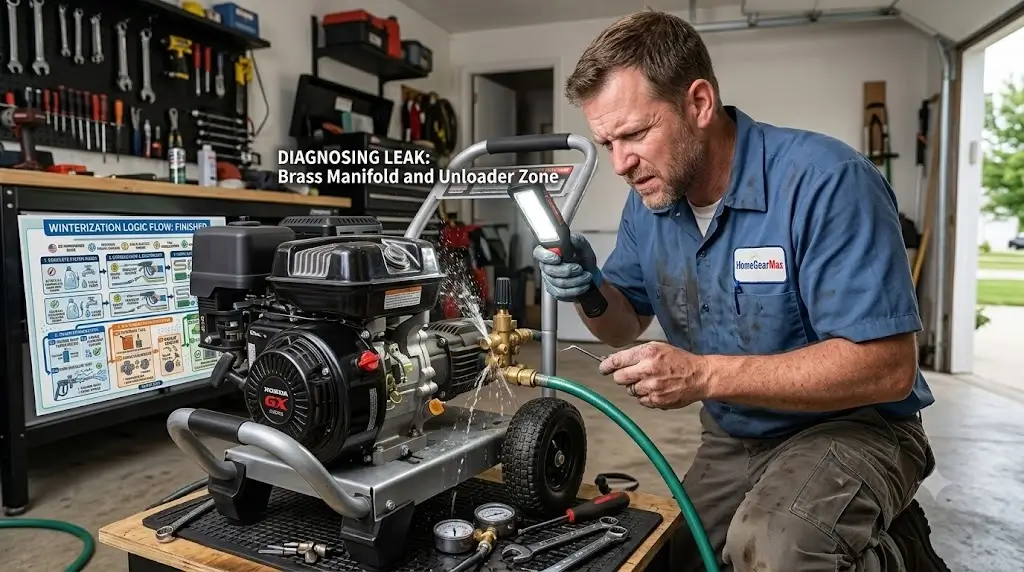 Technician inspecting water leaking from the brass pump manifold and unloader valve area of a gas pressure washer