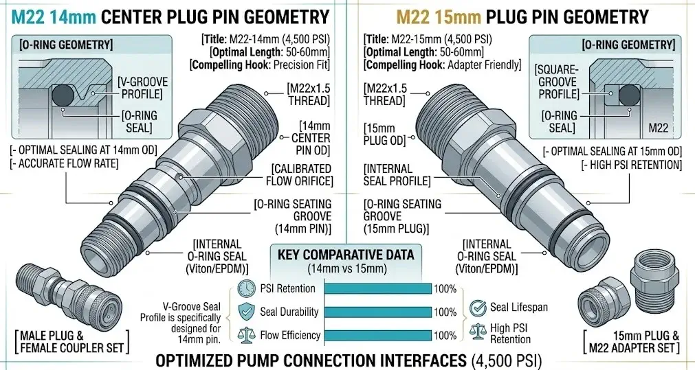 Technical engineering diagram comparing M22 14mm center plug pin against M22 15mm plug pin geometry with O-ring location callouts