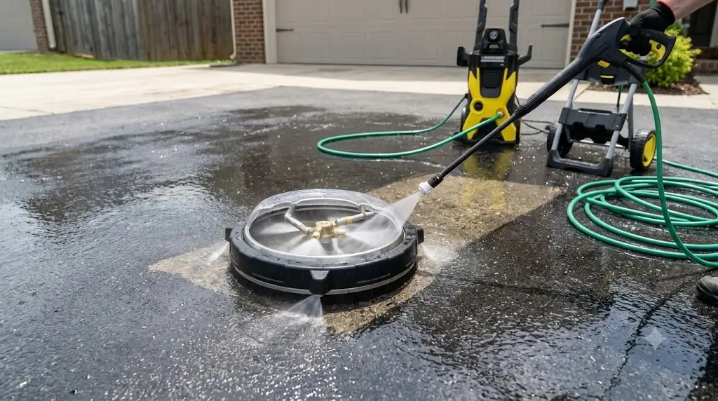 How to Clean an Asphalt Driveway: Safe PSI, Oil & Moss Removal 5 Dual-nozzle rotary surface cleaner attachment moving evenly across driveway pavement