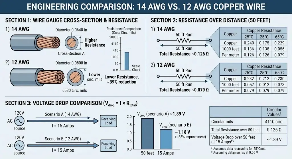 Pressure Washer Power Consumption: Watts, Amps & Costs | HomeGearMax 4 Engineering diagram showing wire gauge resistance, American Wire Gauge sizes 14 AWG versus 12 AWG, and voltage drop over 50 feet