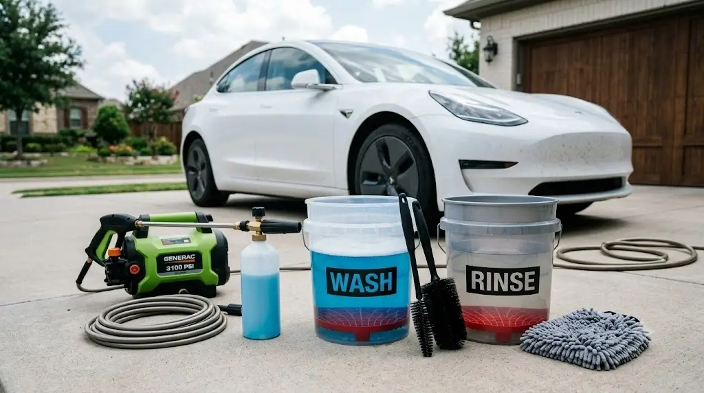 Complete automotive home washing setup with two grit-guarded buckets, foam cannon, microfiber wash mitt, wheel brushes, and an electric pressure washer
