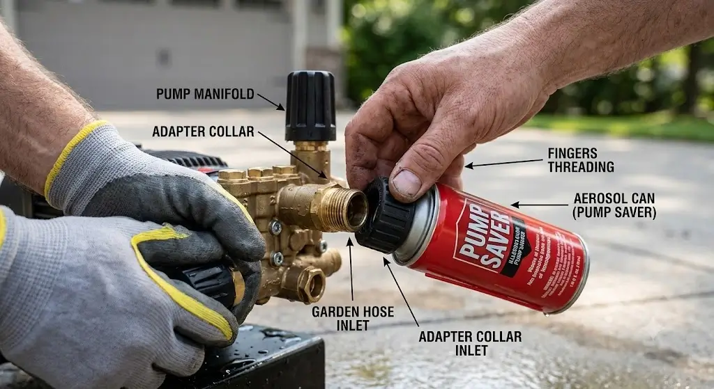 Hands threading a pump saver aerosol can adapter onto a pressure washer garden hose inlet port