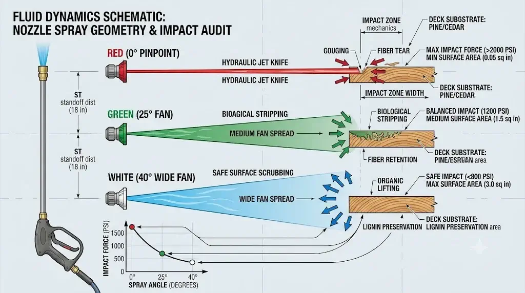 Technical diagram illustrating spray angle fan spreads and surface impact distribution from 0 degree to 40 degree nozzles