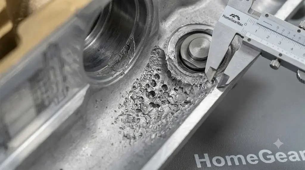 Pressure Washer Pump Troubleshooting: Low Pressure & Leaks 4 Macro photography of cavitation pitting and surface erosion on an aluminum pressure washer pump manifold and valve seat