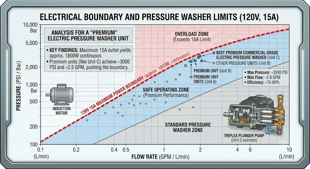 Engineering graph showing 120V 15A electrical boundary curve and limits of the best premium electric pressure washers