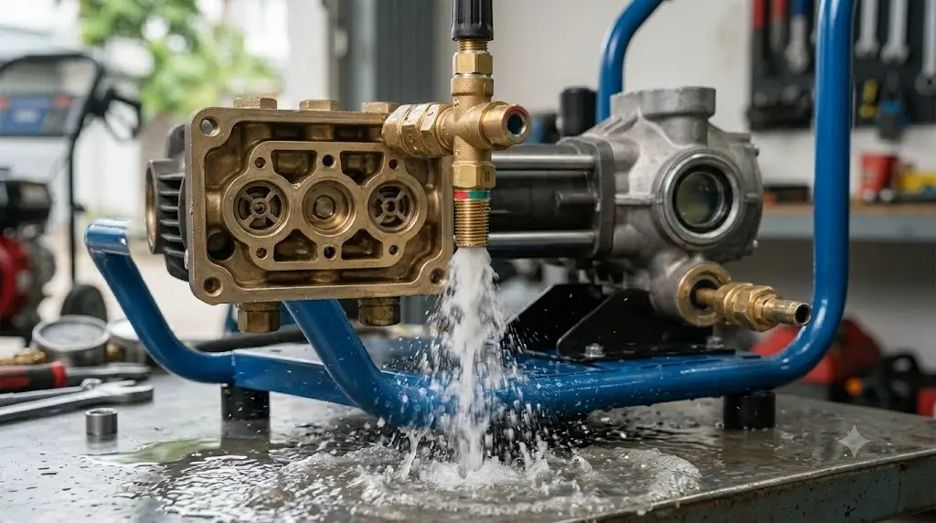 Close-up of a brass thermal relief valve purging hot bypass water from the bottom of a pressure washer pump