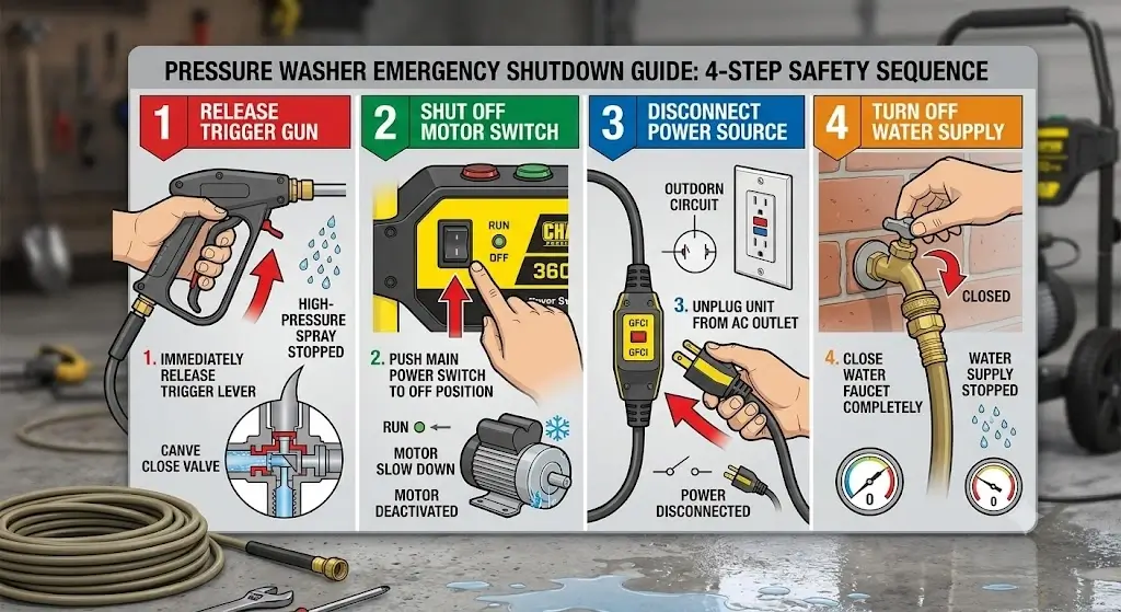Visual emergency shutdown guide showing sequence to release trigger, shut off motor switch, disconnect power source, and turn off water supply