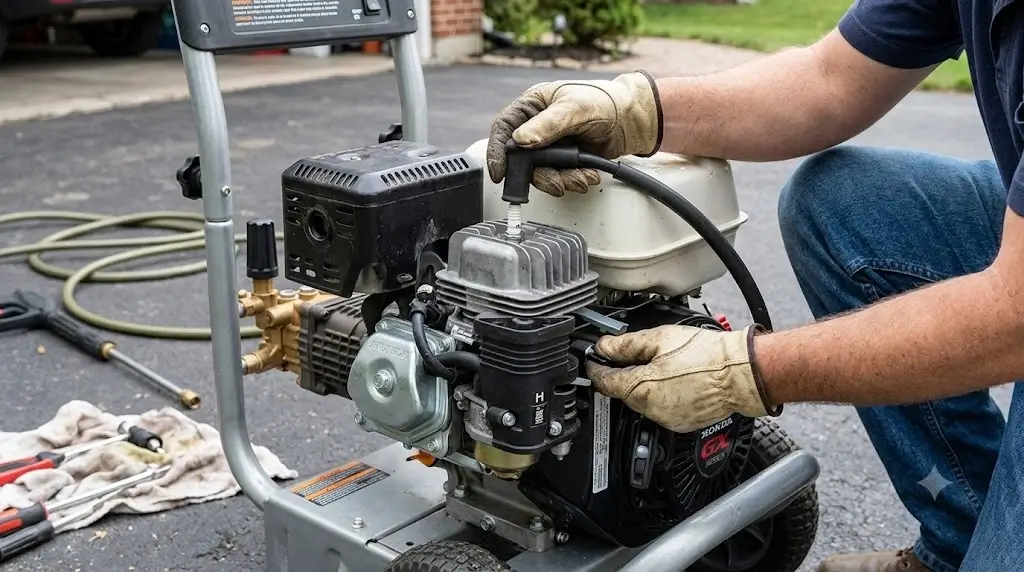 Homeowner troubleshooting a gas pressure washer by checking the spark plug lead and fuel shutoff valve