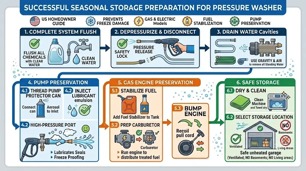 Pressure washer prepared for seasonal storage with disconnected drained hoses, silicone greased fittings, and fuel stabilizer applied