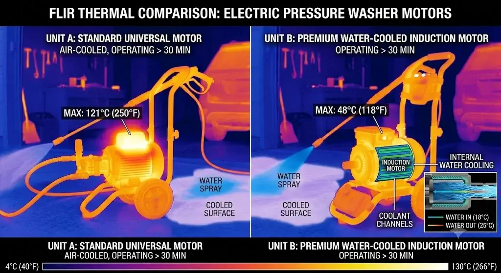 FLIR thermal camera imaging comparing hot universal motor casing to the best premium electric pressure washer with water cooled induction motor