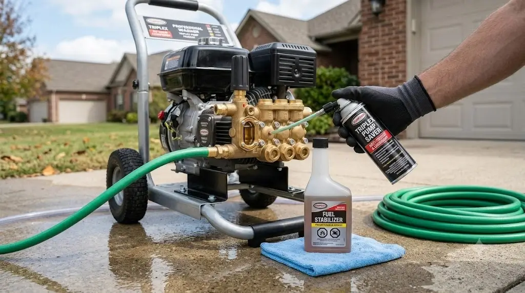 Pressure washer winterization setup showing pump saver canister connected to garden hose inlet, fuel stabilizer bottle, and drained high-pressure hose