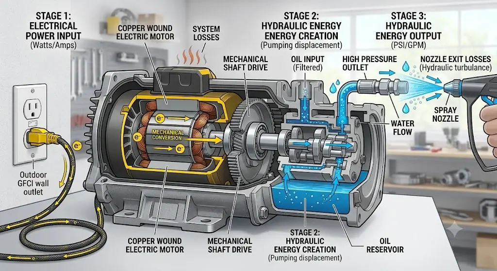 Pressure Washer Power Consumption: Watts, Amps & Costs | HomeGearMax 5 Engineering cutaway diagram detailing electrical power input into the motor, mechanical shaft drive, hydraulic pump displacement, and nozzle exit losses