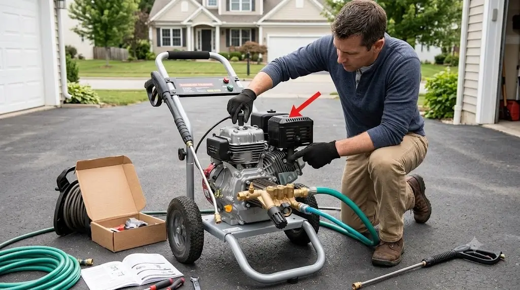 Homeowner conducting routine maintenance inspection on a gas pressure washer showing spark plug lead, oil fill port, and pump manifold