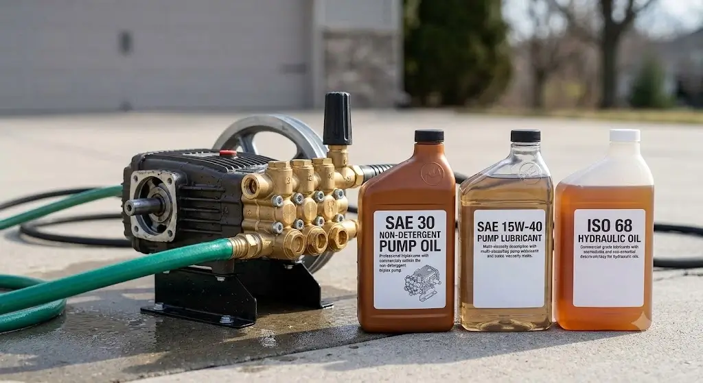 Bottles of SAE 30 non-detergent pump oil, SAE 15W-40 pump oil, and ISO 68 hydraulic oil next to a pressure washer pump