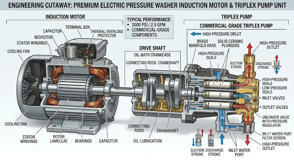 Engineering cutaway of the best premium electric pressure washer induction motor and triplex pump